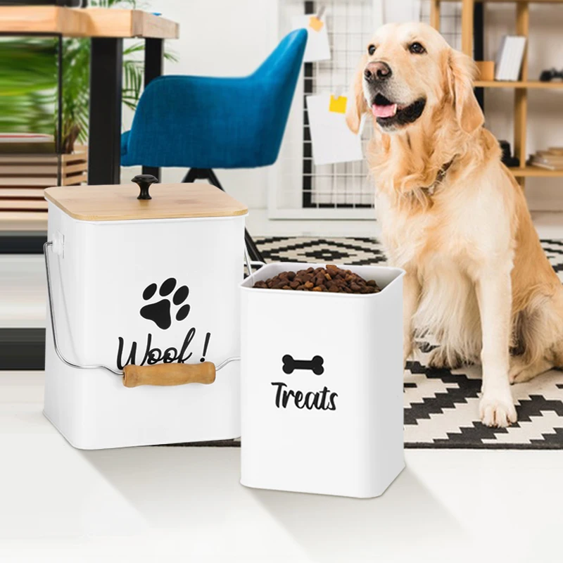 New Arrival Metal Set of Two Pet Food Storage Container Set with Wooden Lid