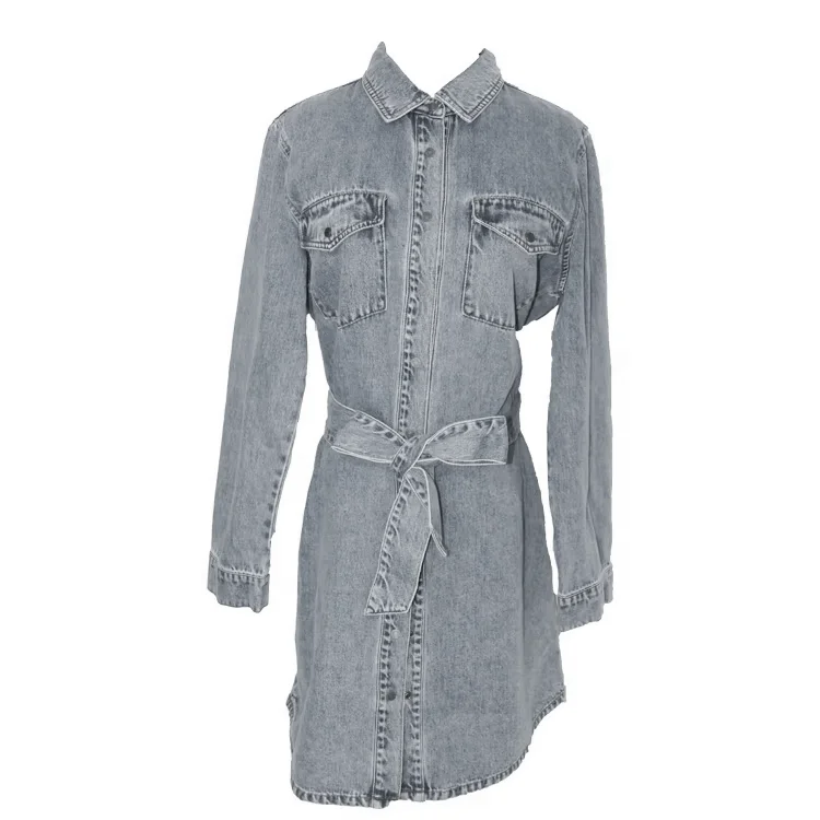 Fashion Long Sleeve Belt Denim Shirt Dress Women Autumn Outwear Casual Jacket Women Trendy Clothing manufacture