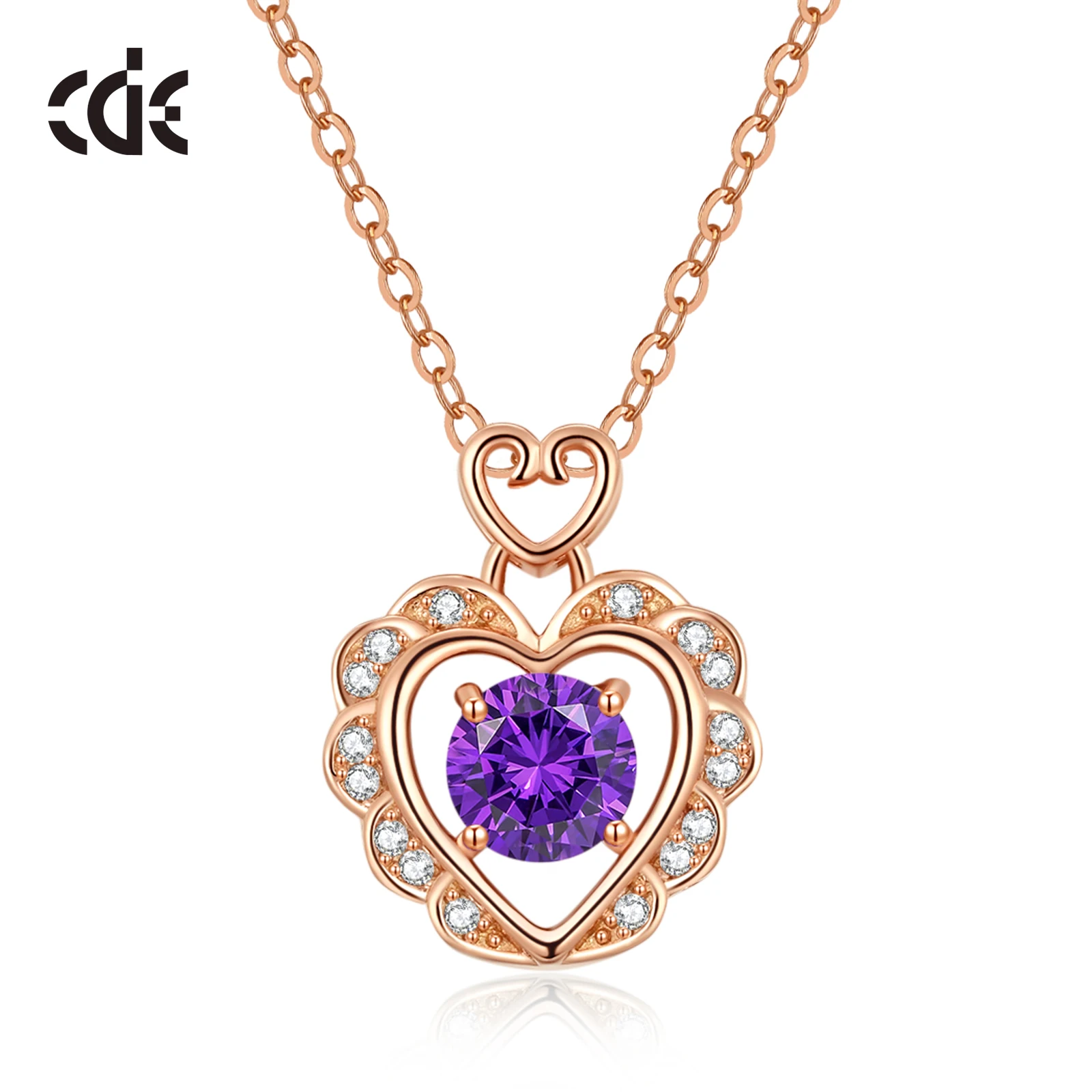 CDE CZYN078 Luxurious 925 Sterling Silver Jewelry Crystal Necklace Wholesale Design Sense Rose Gold Purple Heart-Shaped Necklace