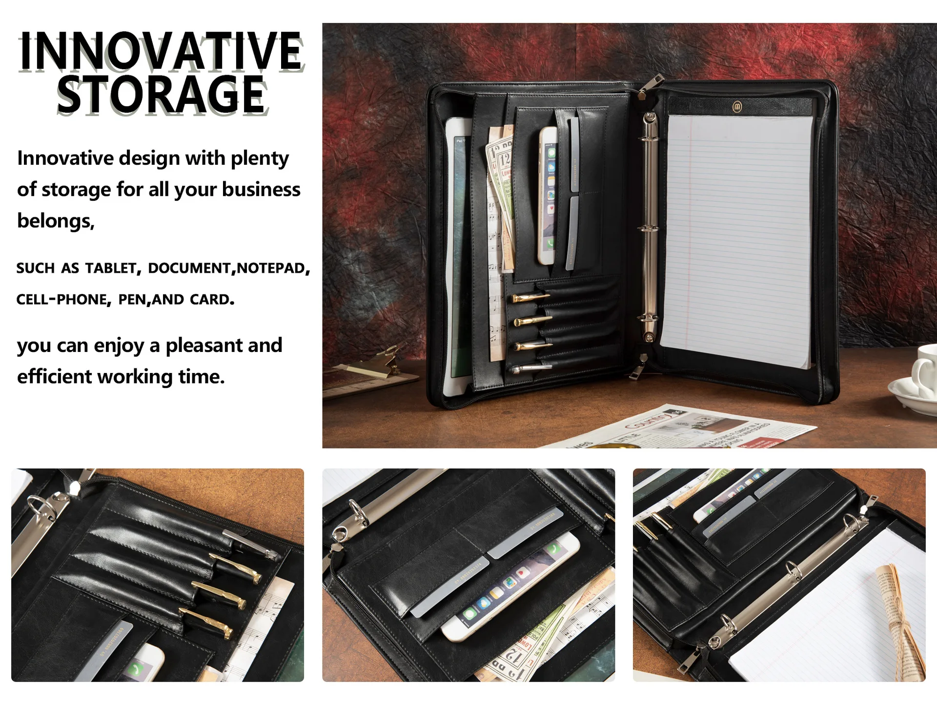 Leather Portfolio Binder Custom Multi-Functional Business Padfolio Folder with 3 Ring binder