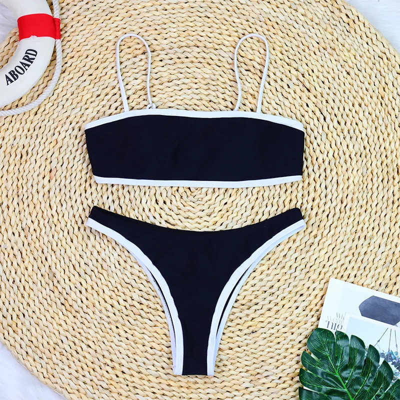 White and Black Bikini Set Custom Bathing Suit 2 Piece Set Beachwear Solid Color Women's Swimwear Thong Swimsuit for Women H38950faa937949e3b3916ddbca4899baA
