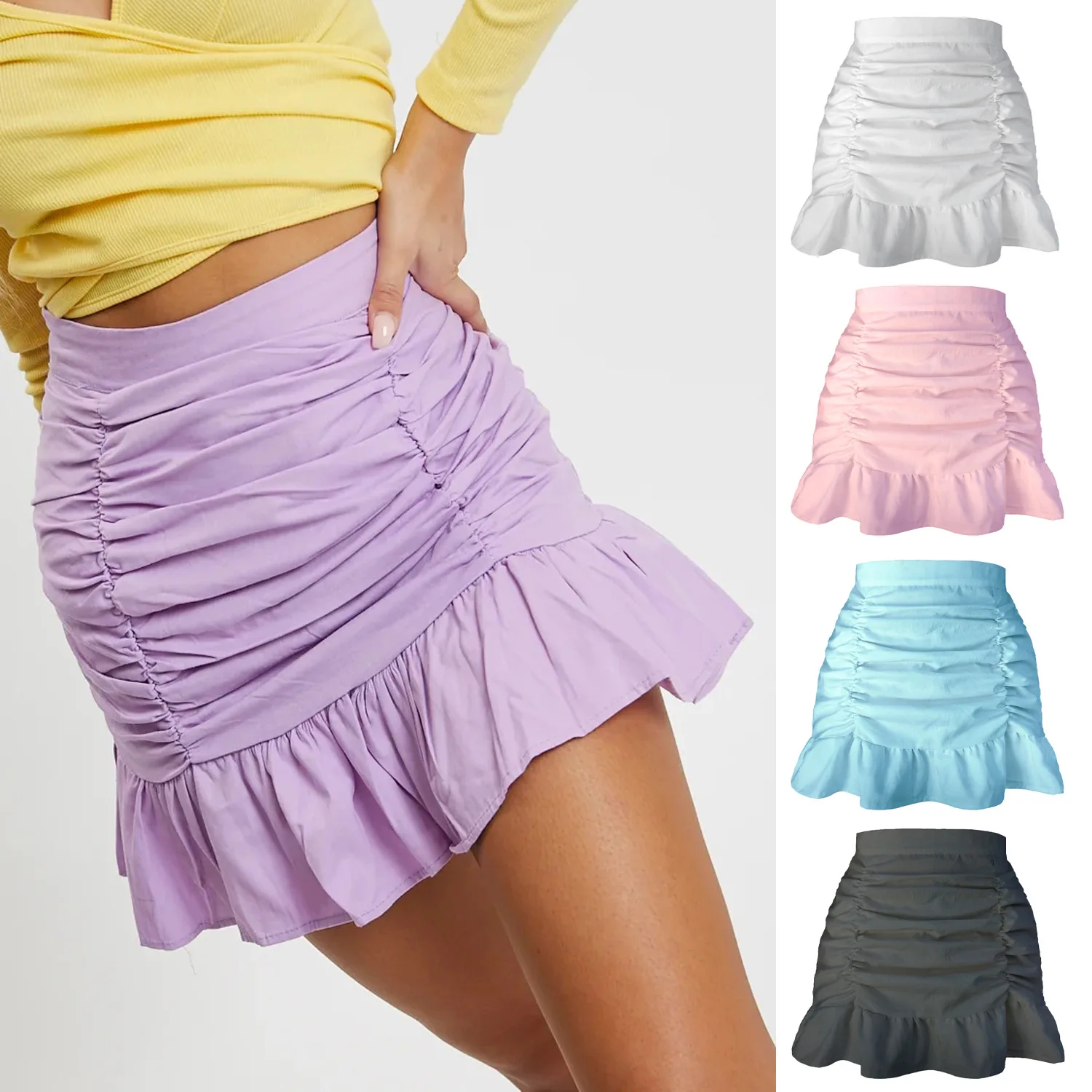 YingTang High waist sexy tight mini skirt ruched short ruffle pleated pencil skirt women