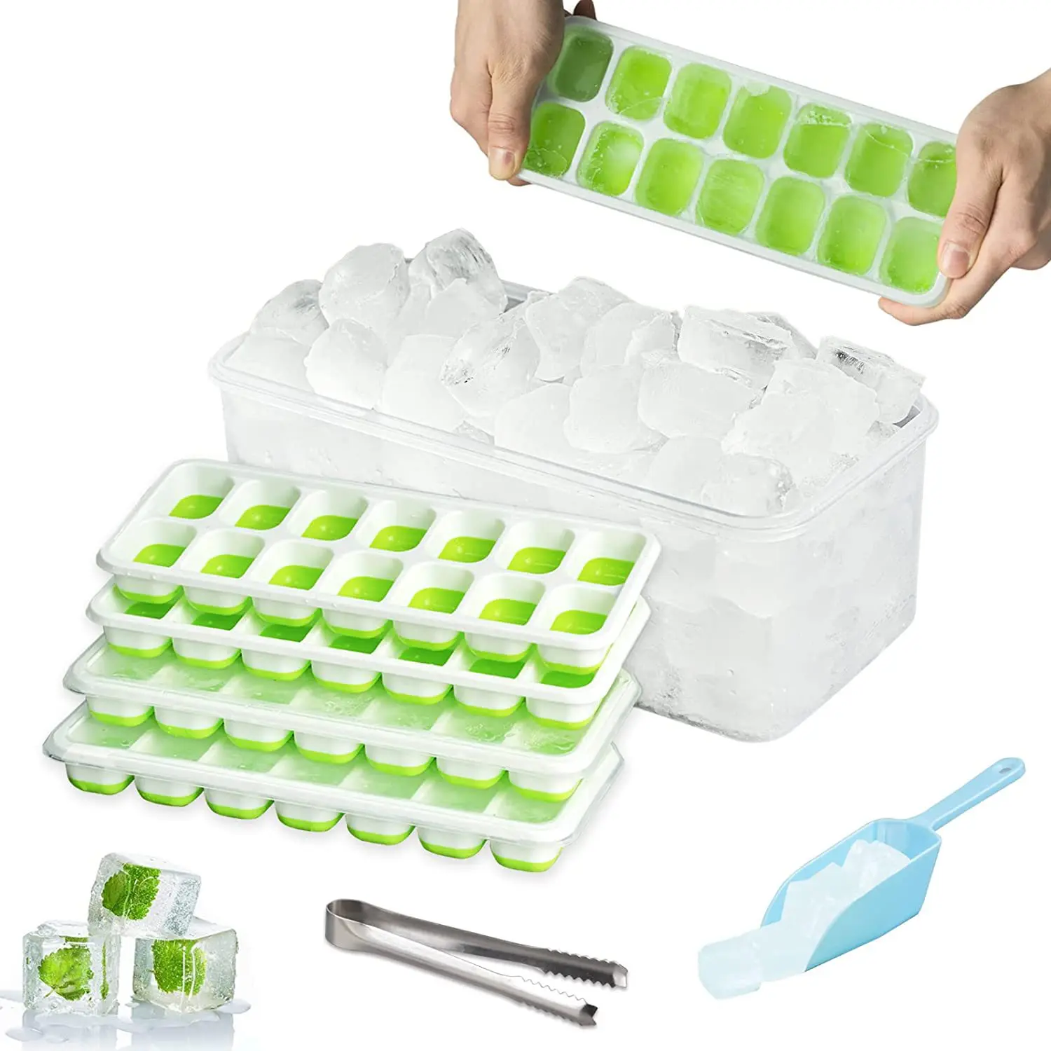 Customized 6 Pcs 14 Compartments Square Ice Compartment Tray with Lid Homemade Ice Cube Molds OEM ODM Ice Box Clip Set