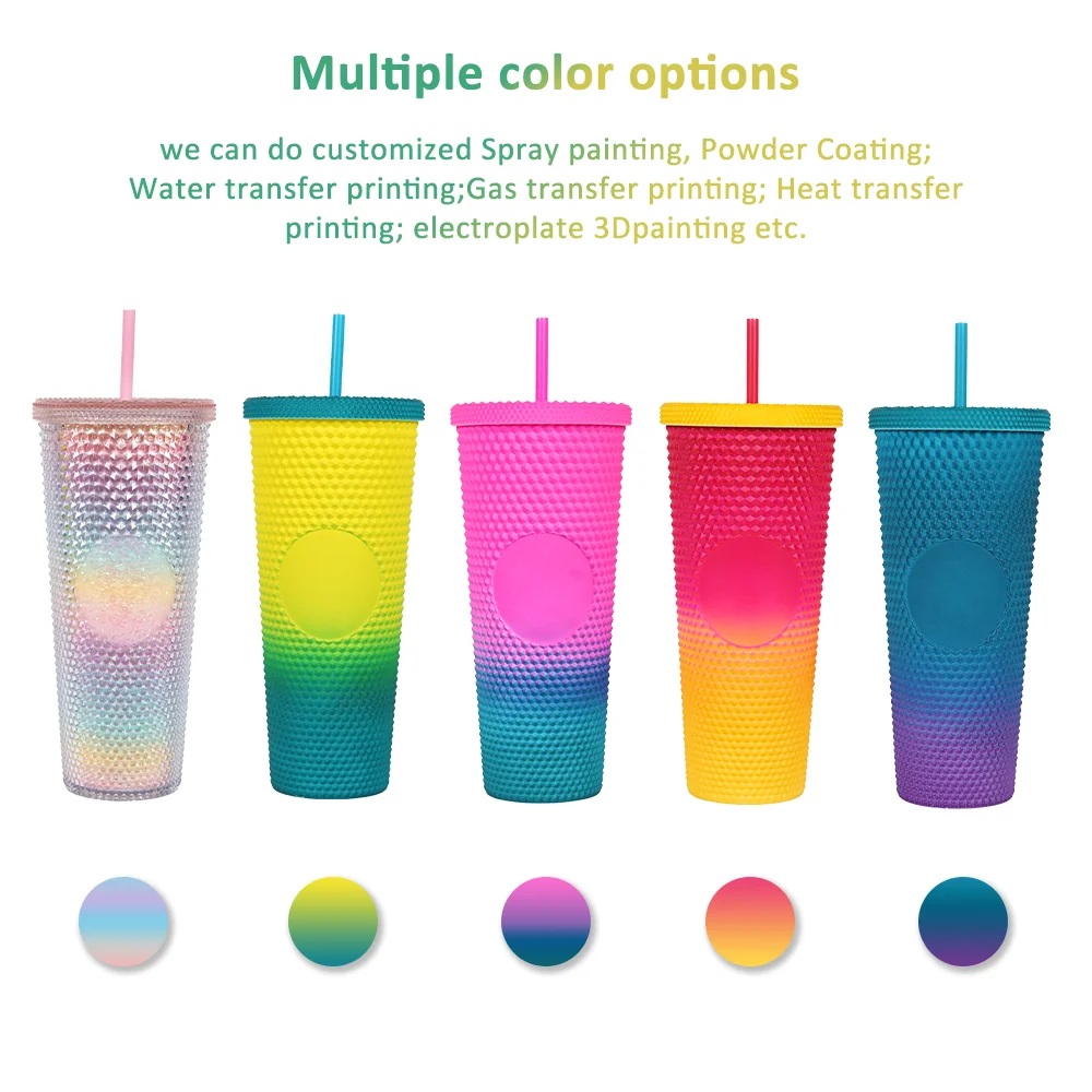 Wholesale Customized Logo Print Cute Travel Water Cup Double Wall Plastic Studded Tumbler Coffee Mugs