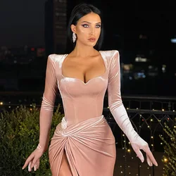 Luxury Elegant High Waist Party Dress Long Sleeves Slinky V-neck Skirt Slit Banquet Maxi Dress With Gloves