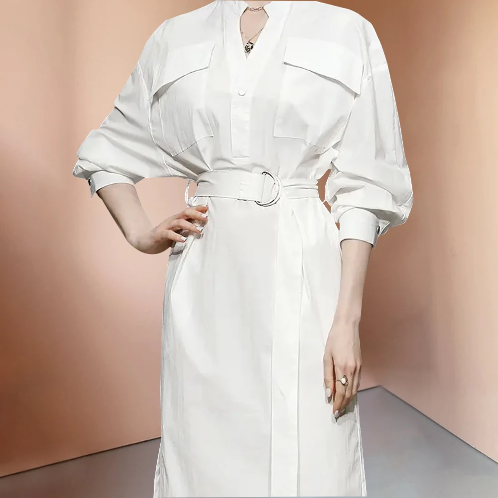 New white temperament casual waist slimming mid-length long shirt dresses women casual for women