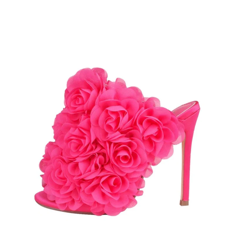 2024 Custom Logo Plus Size Women Open Peep Toe High Heels Flower Sandal Mules Ladies Fashion Heel Slippers Mules