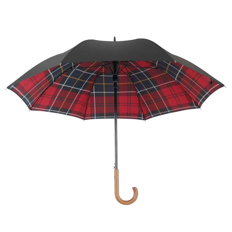WHY397 Wooden Handle Double Layer Grid Umbrella Reinforcement Wind Resistant Business Gift Automation Umbrella