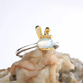 Aimgal Fine Jewelry Natural white opal S925 Silver Ring Gold Plated rabbit Gemstones Vintage Style Weddings Engagement Gift