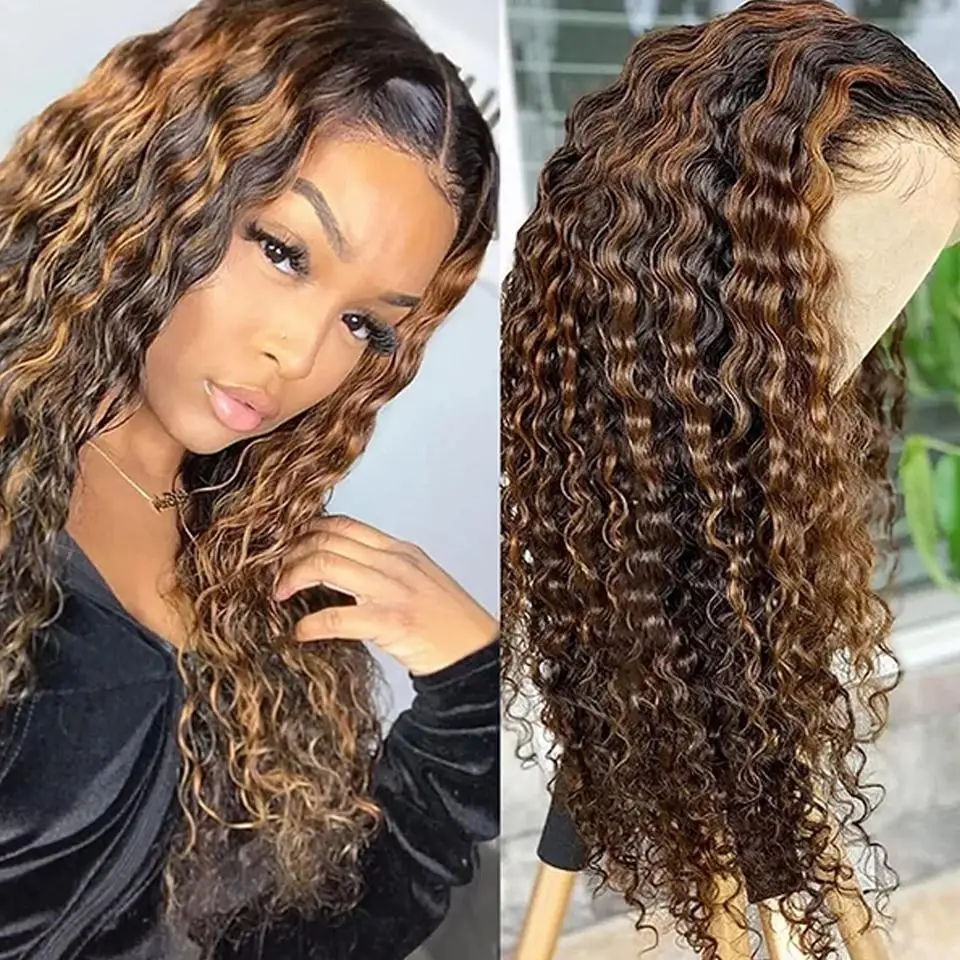 Highlight Wig Brown Deep Curly Pre Plucked Transparent 13x4 Lace Front Wig Piano Mixs Color Honey Blonde Human Hair Wig