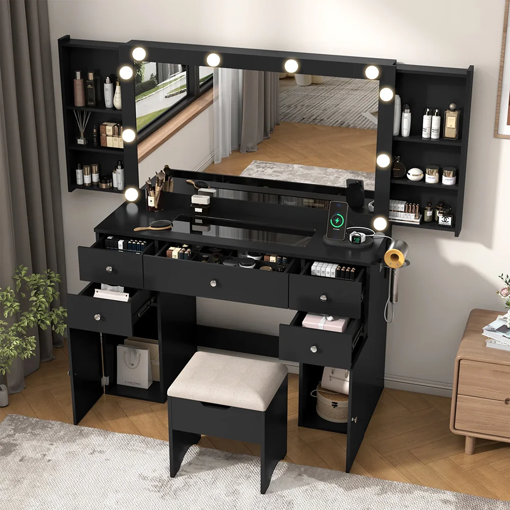 Luxury Makeup Vanity Set Lighted Mirror Quick Charging Socket Tempered-Glass Top Dressing Table Bedroom Furniture Storage factory