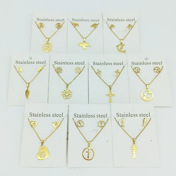 High-End Cheap Brand Dubai Gold Plated Stainless Steel Pendant Necklace Earrings Jewelry Set For Women