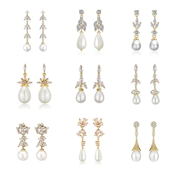 RAKOL EP2921 New Korean Fashion Imitation Pearl Statement Earrings 18K Gold Plated CZ Zircon Stone Pearl Bridal Earrings