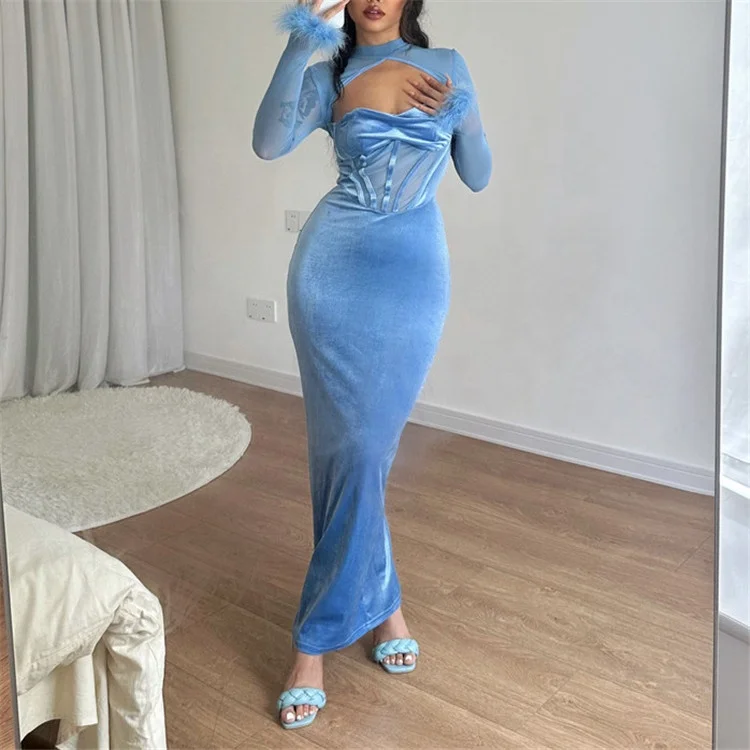 Mesh Patchwork Sexy Y2K Clothes Feather Long Sleeve Backless Corset Bodycon Maxi Dress For Women