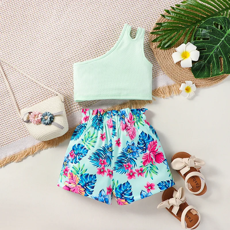 Wholesale boutique toddler girls clothing sets fashion one shoulder tops matching printing shorts 2pcs clothing for kids