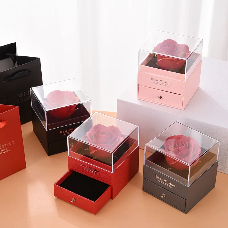 product a1 high quality transparent acrylic rose jewelry lipstick gift box valentines day eternal flower necklace ring box for friend-1