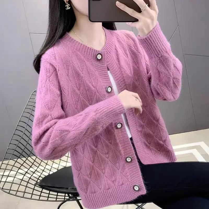 2024 Casual Cardigan Lady's Long Sleeved Sweater For Woman Open Front Round Neck Knitted Veste Femme Thin Coat For Young Women