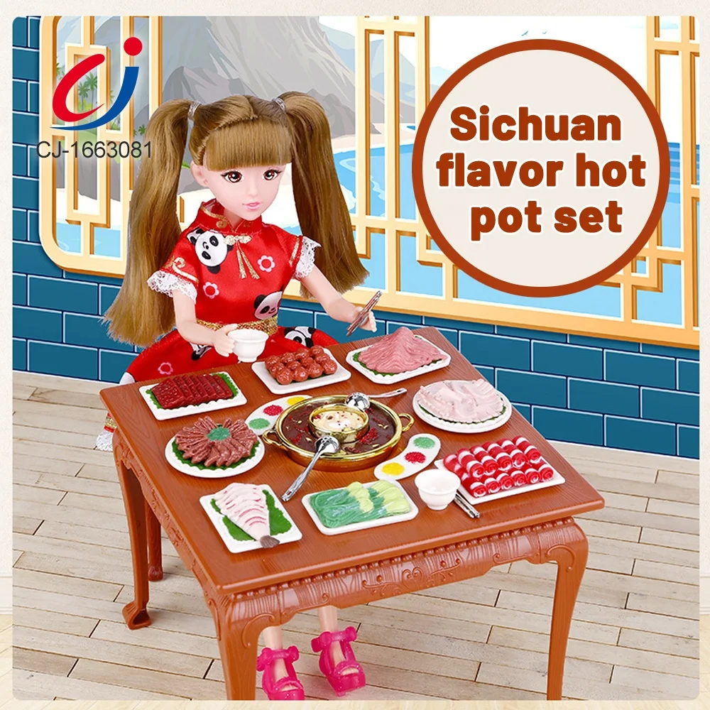 Girl toy doll kitchen set toys diy doll house toys set pretend play food play set hot pot dinner table for doll house
