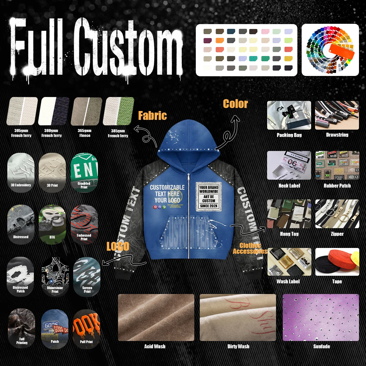 product custom acid wash zip up patchwork rhinestone hoodie hooded oversize boxy embroidery mens hoodies sweatshirts graphic print-2