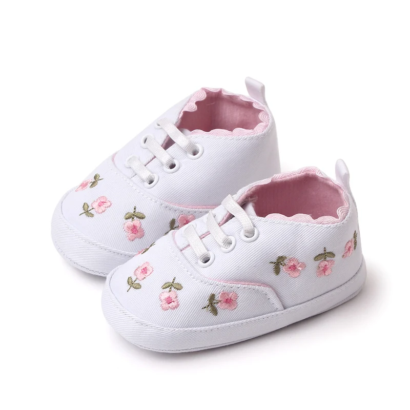 New Spring and Autumn Pure Color Denim Embroidered Flower Front Lace-up Cute Fashion Infant Princess Toddler Shoes for Baby Girl details