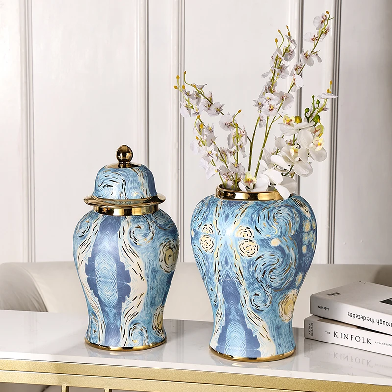 Van Gogh Electroplated Gold Line Luxury Ceramic Ginger Jar Modern Home Decor Vase For Ceramic Vase