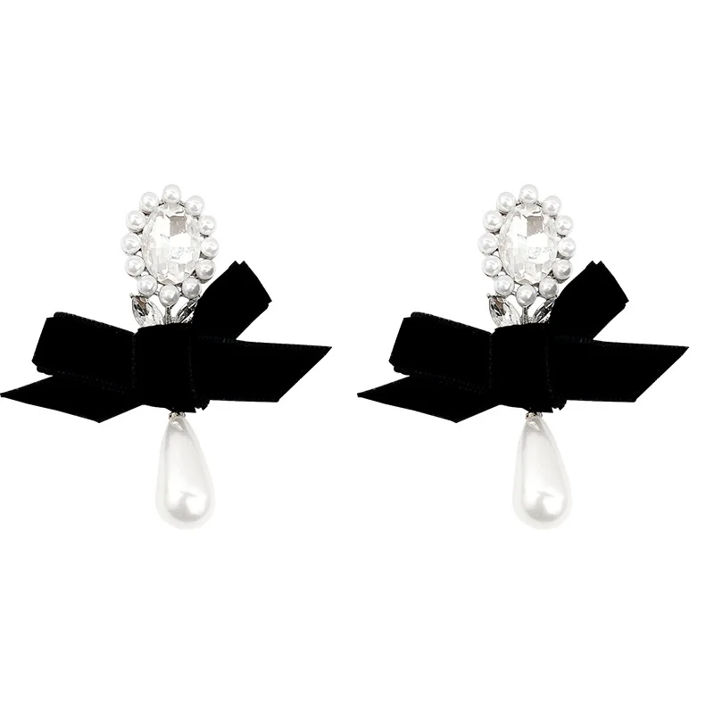 S925 sterling silver autumn and winter styles exquisite rhinestone pearl flocking bowknot fashion jewelry earrings