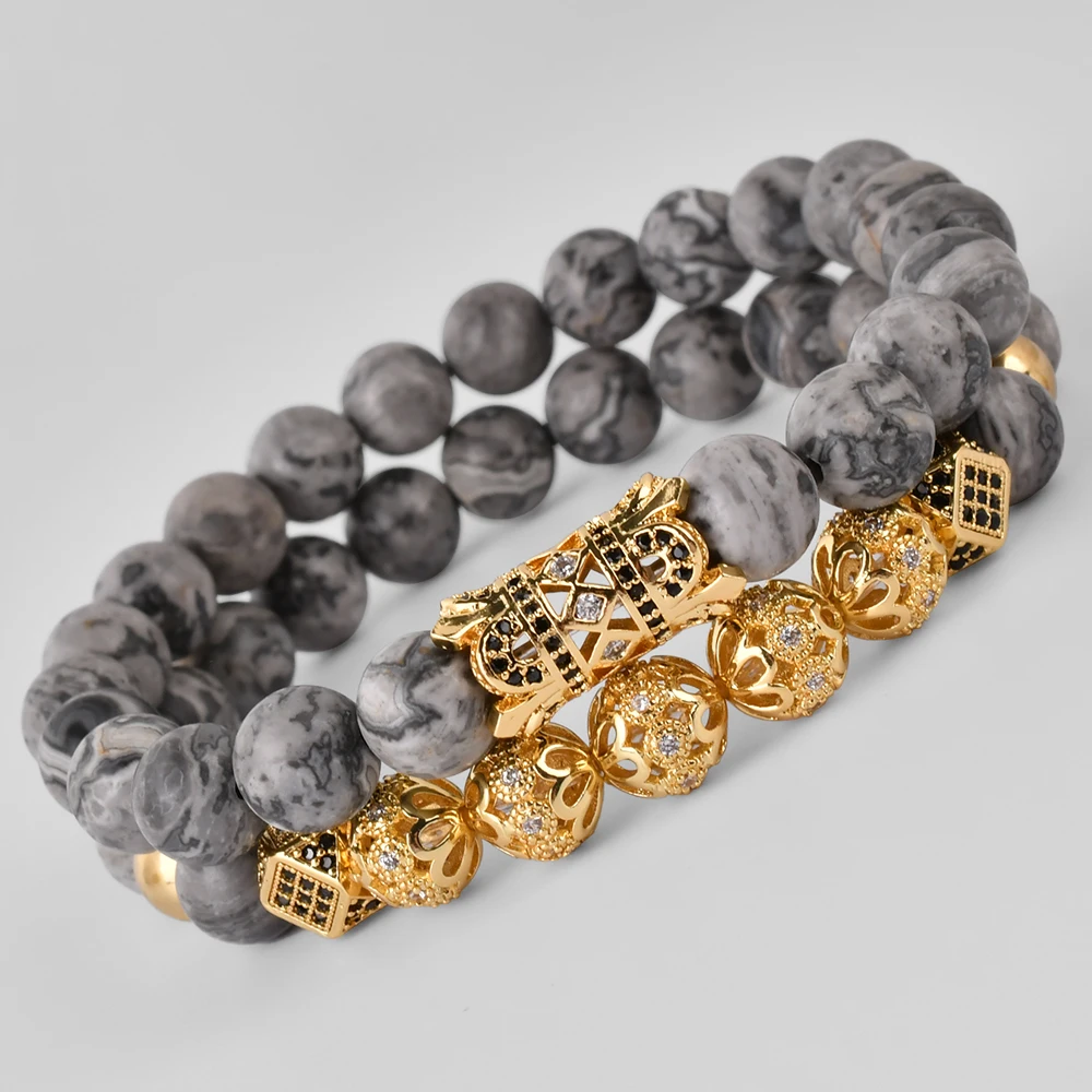 F308 Customize Jewelry 8MM Round Beads Stretch Bracelets Micro Pave Zircon Bracelet Natural Map Stone Elastic Bracelet Jewelry