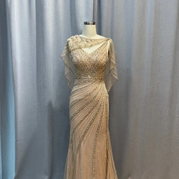 Gold Mermaid V Neck Evening Gown for Women Beautiful Beaded Lace Dress Breathable Luxury Vintage Cocktail Party