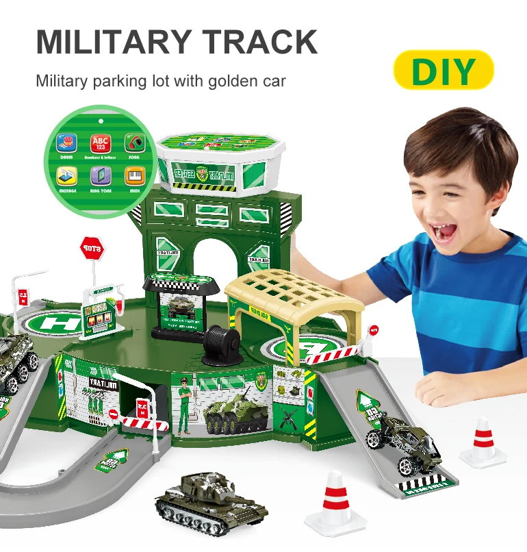 Chengji DIY Track Series Police Parking Lot Set Car Garage Toy, Alloy Metal Car Toy Track Parking Lot Military Parking Slot Toys