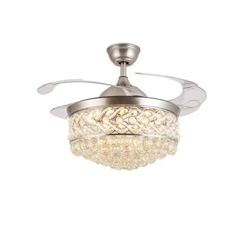 Modern Chandelier 6 Speed Adjustable Remote Control Invisible Retractable Blade Crystal LED Ceiling Fan Light
