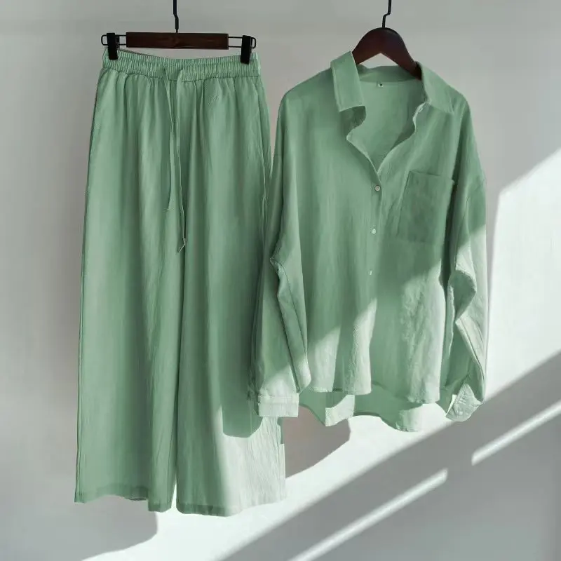 Women's Summer Casual Loose Cotton Linen Shirt Set Long Sleeve Blouse Top Coat Pocket and Straight Wide Leg Pant Home Wear supplier