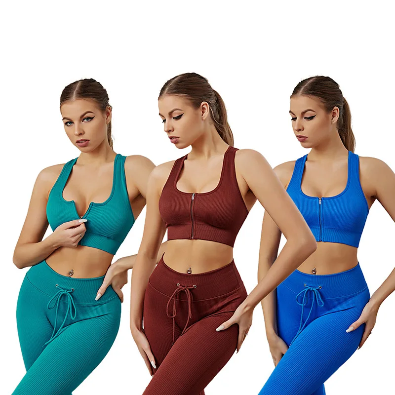 Customized Design Chest zipper Yoga Suit Sport Short Sleeve  And lace-up long  Pants Seamless Ribbed Yoga Set