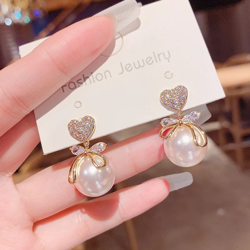 Fashion Jewelry Korean 925 Silver Stud Earrings Vintage Pearl Earring Imitation Pearl Crystal Love Heart Stud Earrings