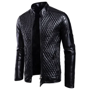 New Arrived Pu Leather Jacket Diamond-type Lattice Motorcycle Jacket Quilted Men's Jacket