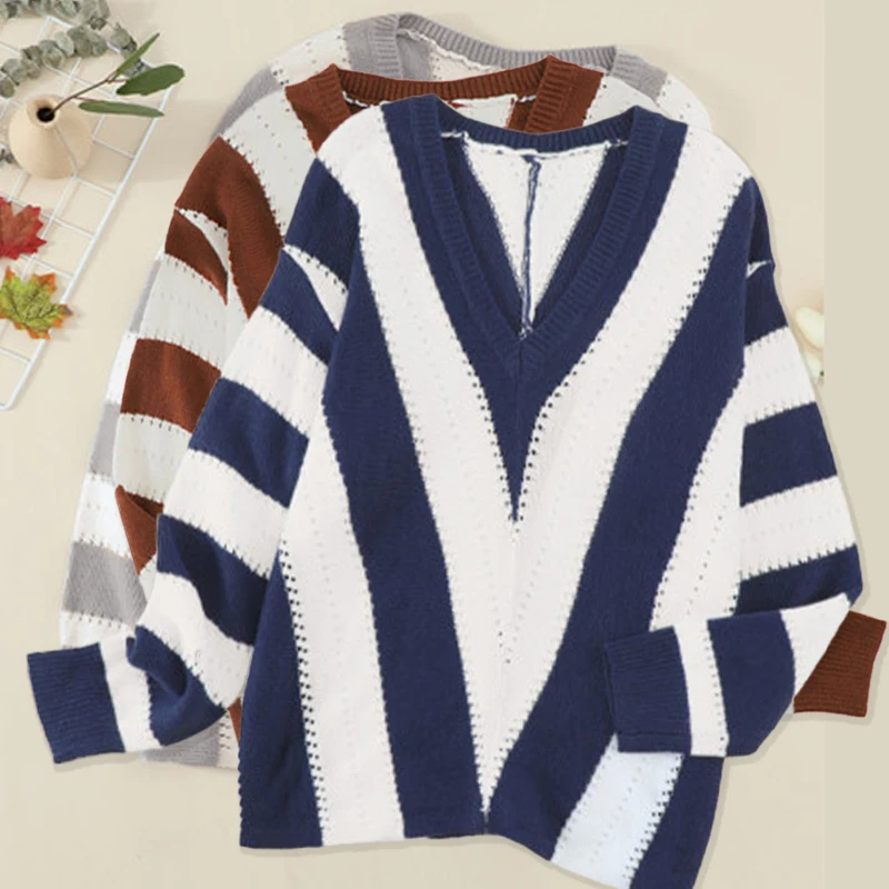 Dear-Lover Fall Winter Custom Ladies Striped Colorblock Knitting Designers Pull Over Sweaters Women Tops