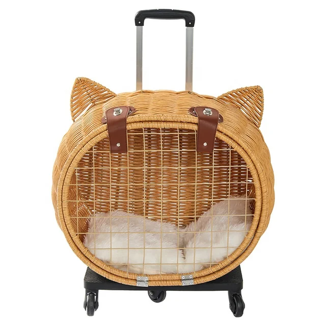 2023 new style bamboo weaving pet carrier dog and cat trolley bag for dog travel outside