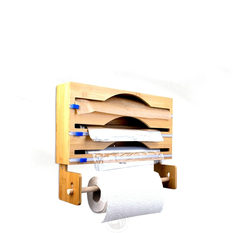 4 in 1 Suitable for 3 Rolls of Foil  Wall Mount Natural Bamboo Wood Kitchen Roll Holder and Foil Holder