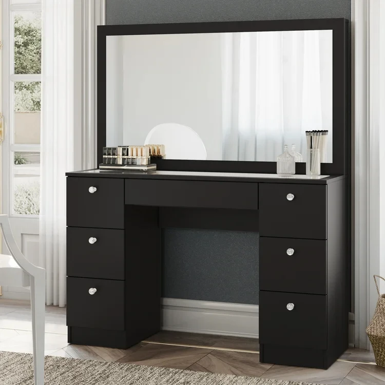 Black Makeup Bedroom Dressing Table With LED Mirror And Drawers