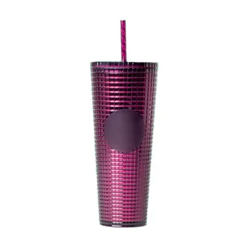 China Silver Plaid Grid 710ML Double Wall Matte Plastic Studded Tumbler Grid Collection Cup With Lid Straw Protected By Patent