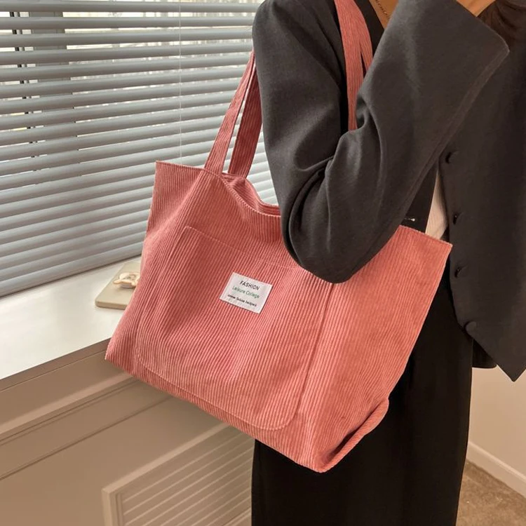 Eco Friendly Reusable Girls Small Large Shopper Corduroy Totes Shoulder Bags With Custom Printed Logo factory