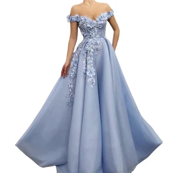 Cheap Price Off Shoulder Sleeveless Evening Prom Dresses Serene Hill LA60868 Blue A Line Evening Gowns With Handmade Flowers