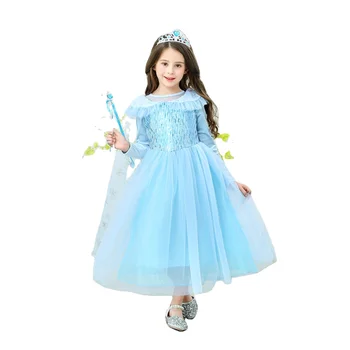 Wholesale Elsa frozen Princess costume for girls kids disney Princess costume with wand and crown