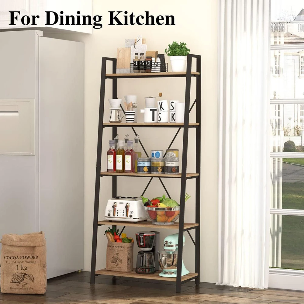 Modern 5-Tier Wooden and Metal Ladder Bookshelf Living Room & Home Office Storage Furniture factory