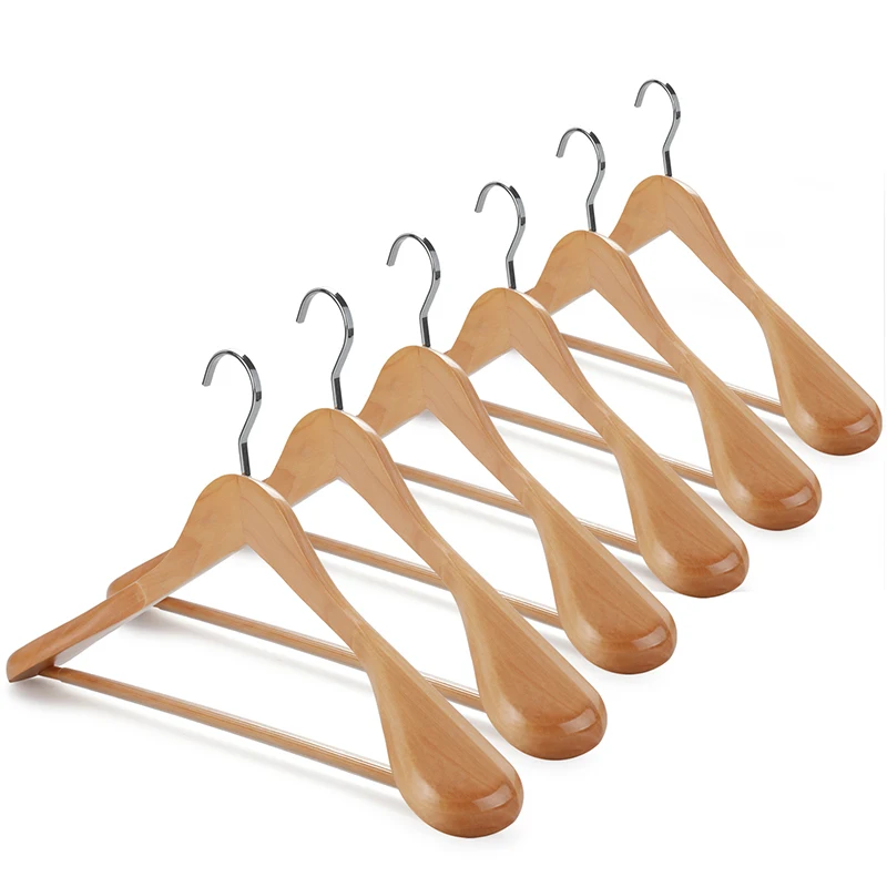 Hot Sale Natural Color Glossy Wooden Suit Hanger with Extra Thick Chrome Hook
