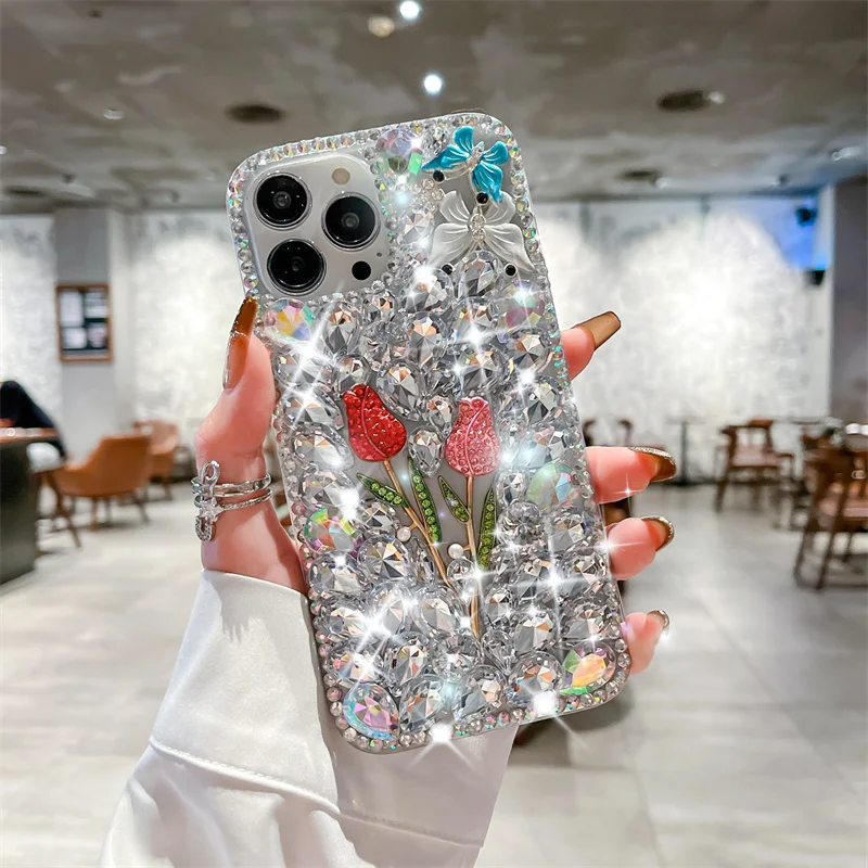 Luxury Glitter Rhinestones Rose Butterfly Phone Case For iPhone 15 14 13 Pro Max Bling Shiny Diamond Cover For Samsung S24 A24