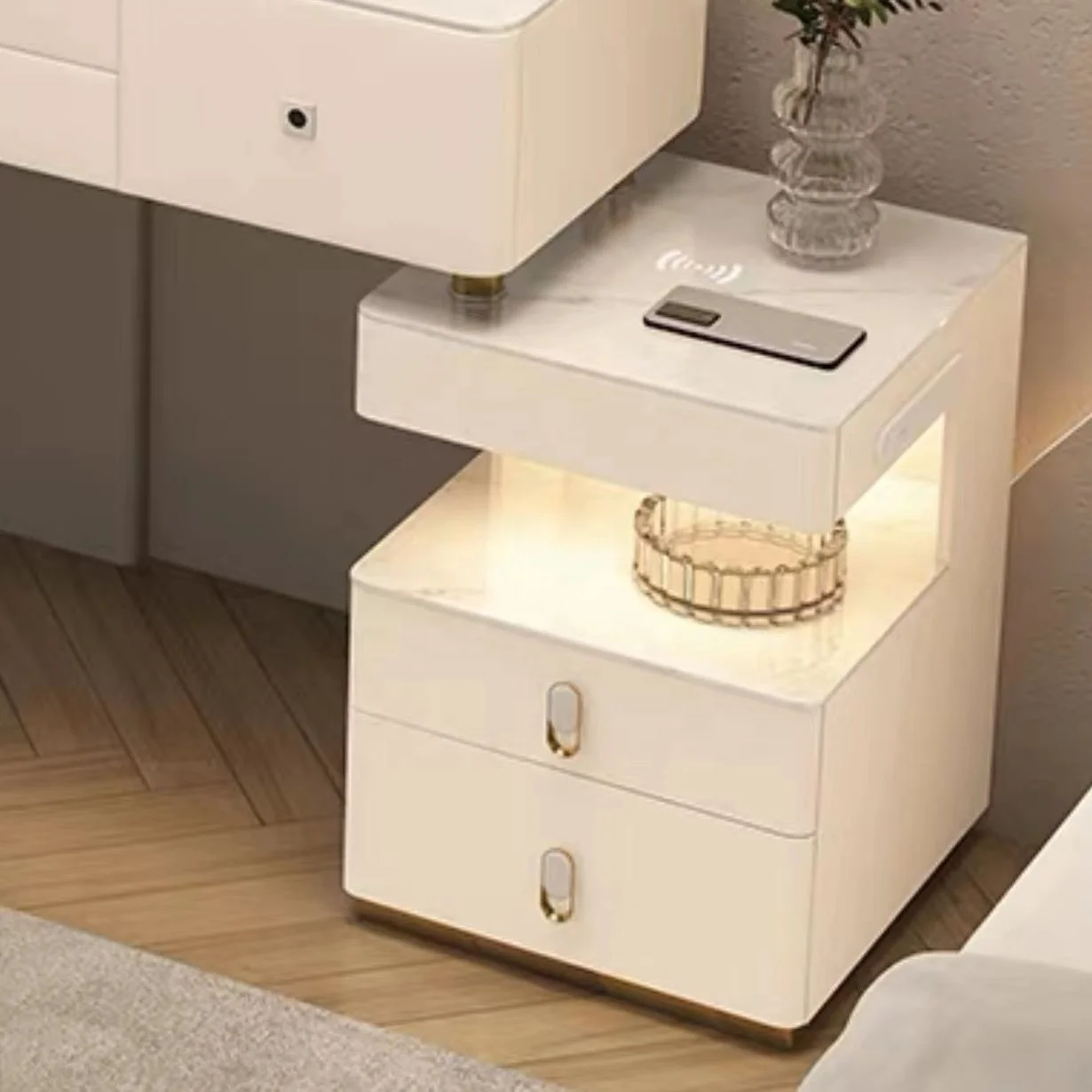 NOVA Multi-functional Wireless Charging And Storage Cabinet Integrated Marble Top Makeup Table With Smart Fingerprint Sideboard