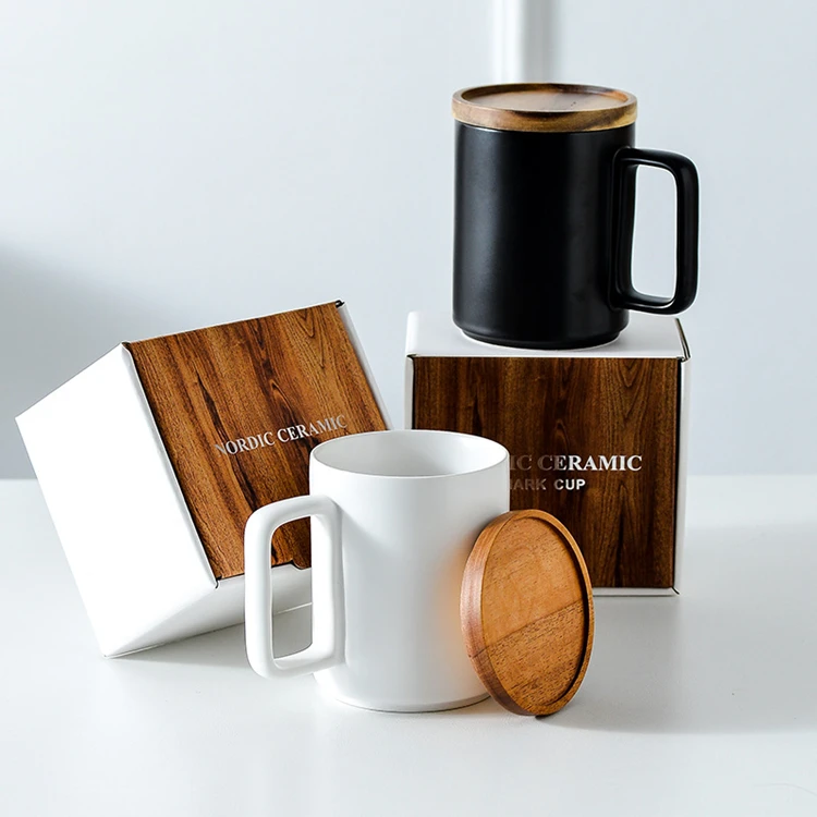 Travel Tea Tazas Custom Large 15oz Nordic Matte Black White Ceramic Coffee Mug with Wooden Lid Gift Box