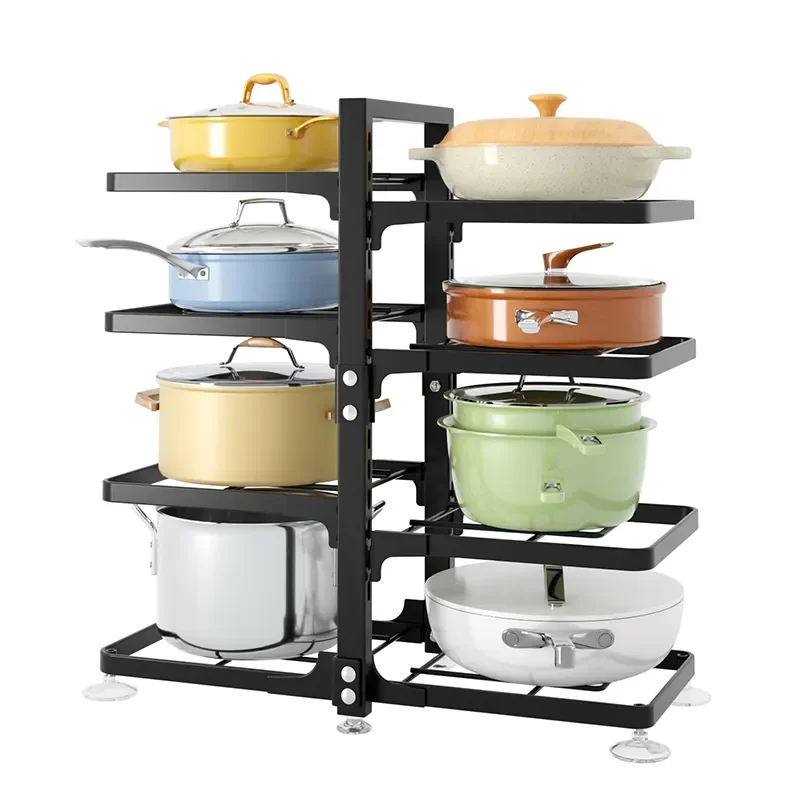 Sink layered kitchen flat bottomed pot organizer anti rust buckle carbon steel adjustable pot storage rack under the cabinet