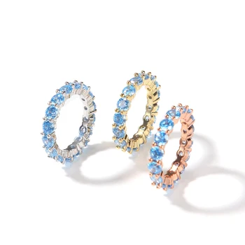 Ins popular women gold natural genuine sapphire aquamarine stacking cz tennis chain eternity band ring