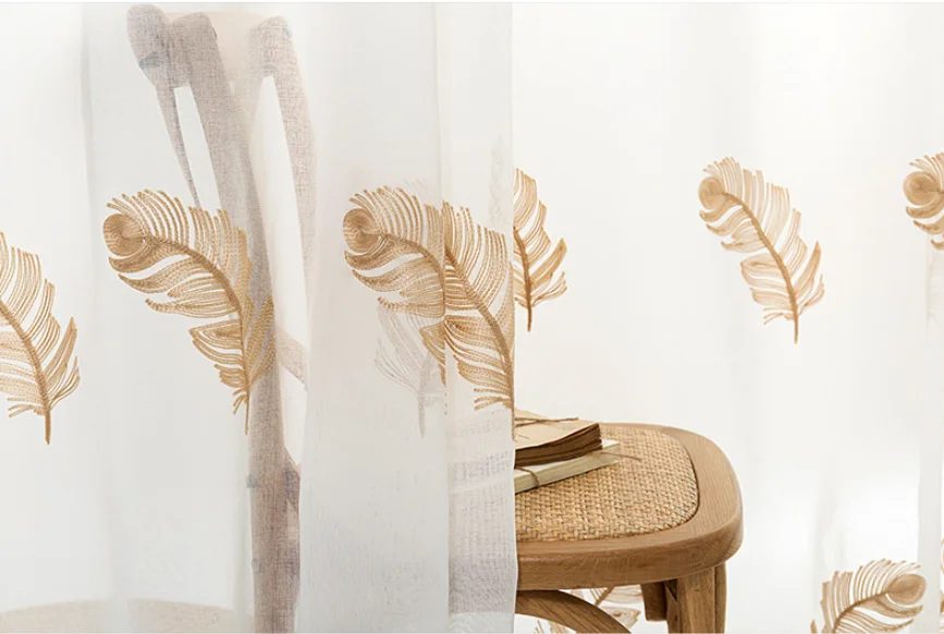 Light luxury feather embroidered pattern white sheer curtain for children's bedroom